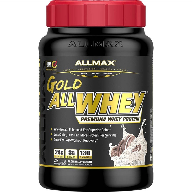 ALLMAX Nutrition Gold ALLWHEY, Cookies & Cream - 2 lb - 24 Grams of Protein Per Scoop - Gluten Free, Low Carb & Low Sugar - Approx. 30 Servings