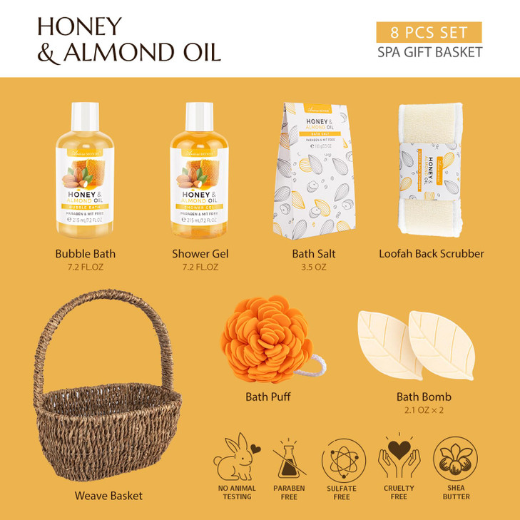 Bath Spa Gift Basket, Bath & Body Gift Set for Women & Men, Includes Shower Gel, Bubble Bath, Bath Salt, Bath Sponge, Spa Gift Box for Mother's Day,