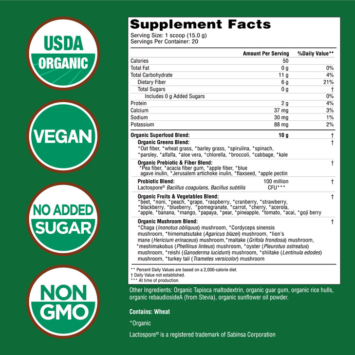 Country Farms Super Greens Natural Flavor, 50 Organic Super Foods, USDA Organic Drink Mix, Fruits, Vegetables, Super Greens, Mushrooms & Probiotics,