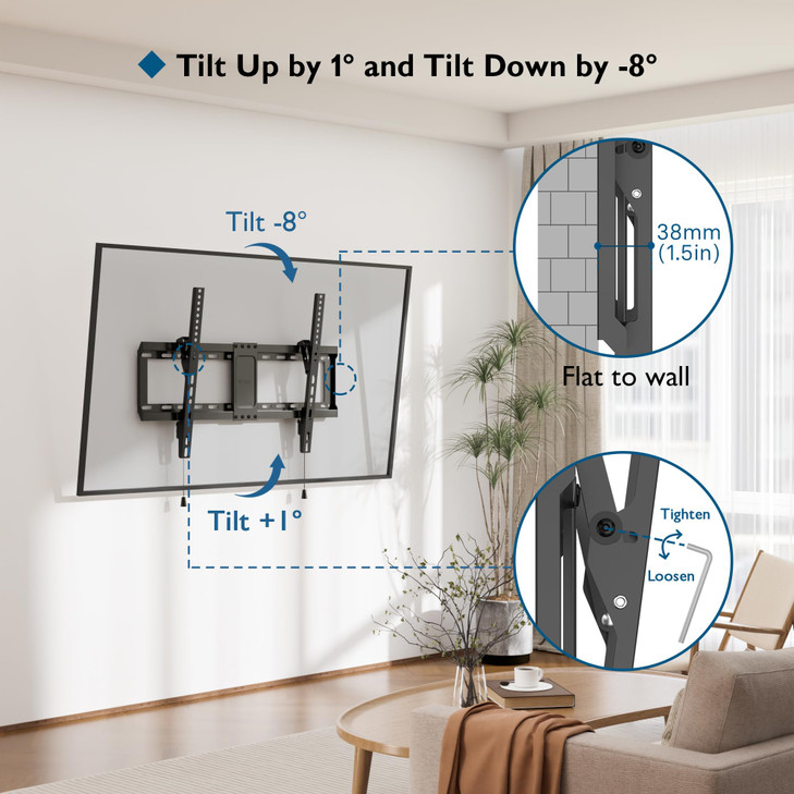 BONTEC TV Wall Mount for 3785 Inch TVs, Tilting TV Mount Bracket for LED LCD OLED Flat Curved Screens, Low Profile 1.5in Design, Max VESA 600x400mm,