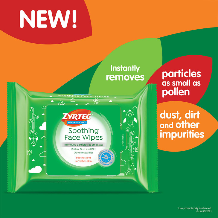 Zyrtec Soothing Face Wipes, Refreshing Non-Medicated Facial Towelettes with Micellar Water to Remove Particles as Small as Dust, Pollen & Dirt, Alcoh