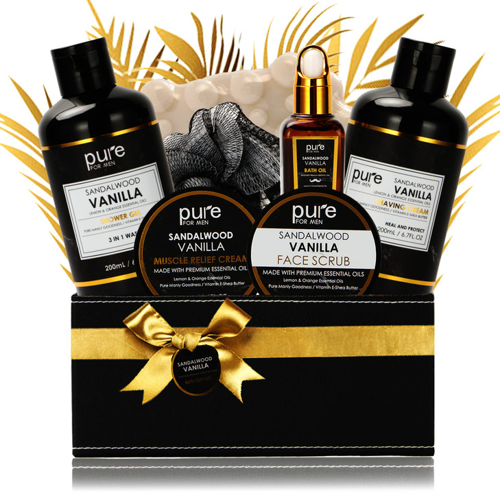 Pure Mens Bath and Body Gift Set. 7 Pc Natural Spa Gift Basket for Men. Spa Gift Set is #1 Ideal Gift for Men That Care about themselves!