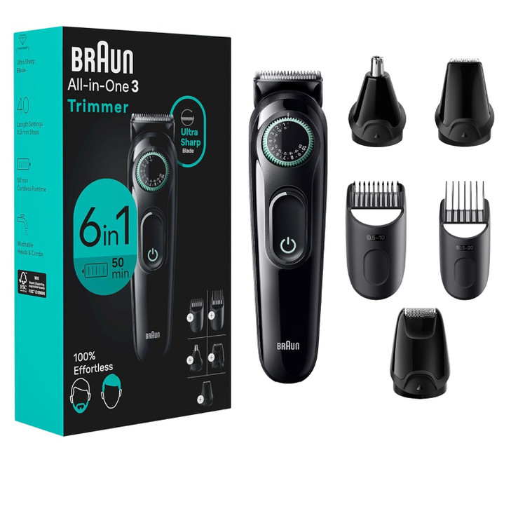 Braun All-in-One Style Kit Series 3 3460, 6-in-1 Trimmer for Men with Beard Trimmer, Ear & Nose Trimmer, Hair Clippers & More, Ultra-Sharp Blade, 40
