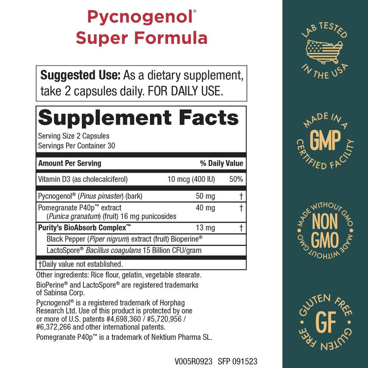 Pycnogenol Super Formula- Activated Pycnogenol Pomegranate P40p- 60 Capsules