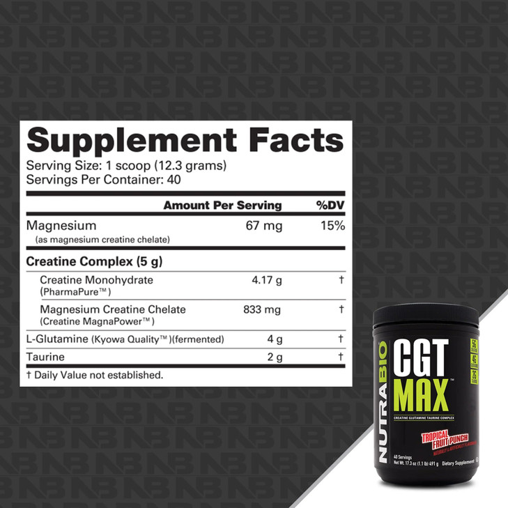 NutraBio CGT-MAX Powder- Creatine, Glutamine and Taurine to Support Muscle Recovery and Strength - 40 Servings - Tropical Fruit Punch