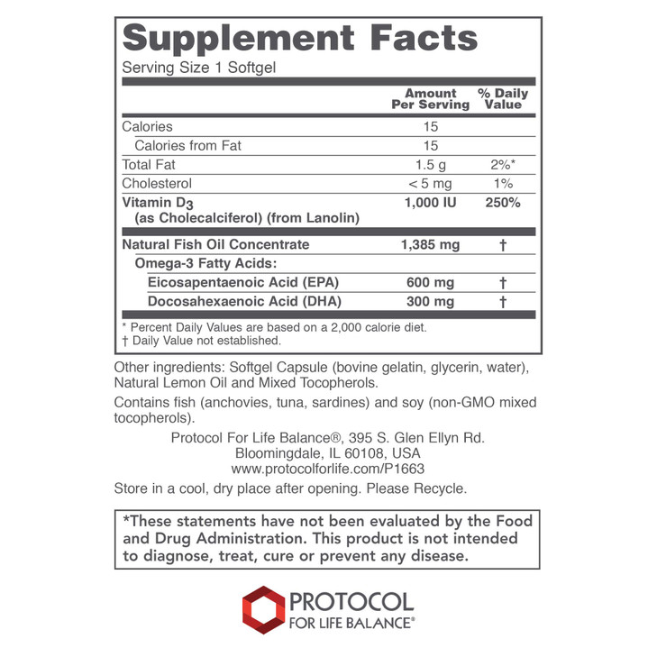 PROTOCOL FOR LIFE BALANCE Ultra Omega 3-D - 600mg EPA, 300mg DHA & 1,000 IU Vitamin D3 - Fish Oil for Brain Support - EPA DHA Omega Supplement - Non-