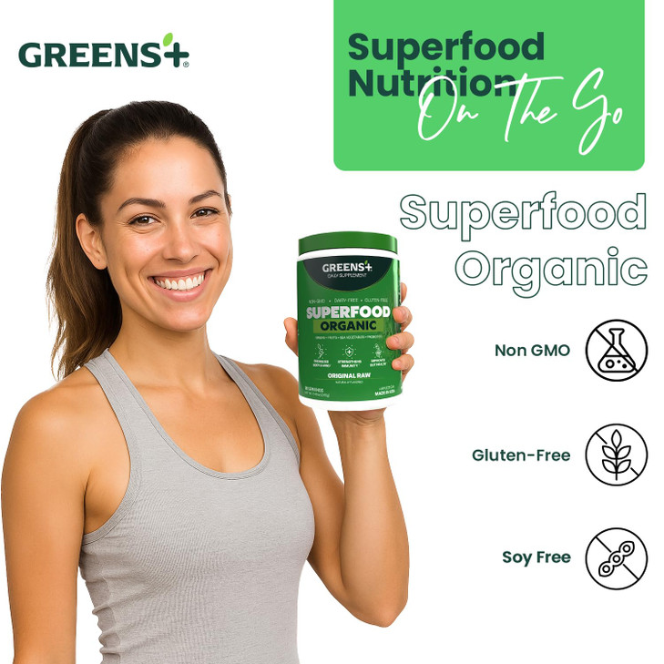 Greens+ Organic RAW Superfood Powder, Super Blend Immune Support, Morning Kick, Energy Boost, Nutrition Vibrant Health, Dietary Supplement, Vegan Soy