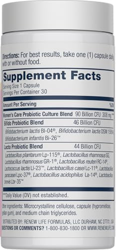 Renew Life Women's Probiotic Capsules, Supports pH Balance for Women, Vaginal, Urinary, Digestive and Immune Health, L. Rhamnosus GG, Dairy, Soy and