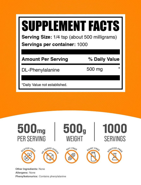 BulkSupplements.com DL-Phenylalanine Powder - DLPA Powder, Phenylalanine Supplement - Unflavored & Gluten Free, 500mg per Serving, 500g (1.1 lbs) (Pa