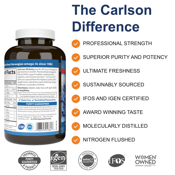 Carlson - Cod Liver Oil Gems, 460 mg Omega-3s, Plus Vitamins A and D3, Wild Caught Norwegian Arctic Cod, Sustainably Sourced Nordic Fish Oil Capsules