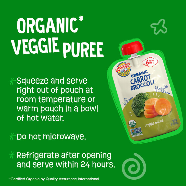 Earth's Best Organic Baby Food Pouches, 6+ Months, Vegetable Puree, Organic Carrots and Broccoli, 3.5 Ounce Resealable Pouch (Pack of 12)