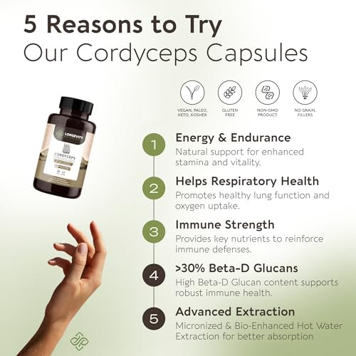 Organic Cordyceps Mushroom Capsules Supplement (120) | Pure Fruiting Body 10:1 High Strength Extract | 30% Beta-D Glucans | 9,000mg Raw Equivalent Pe