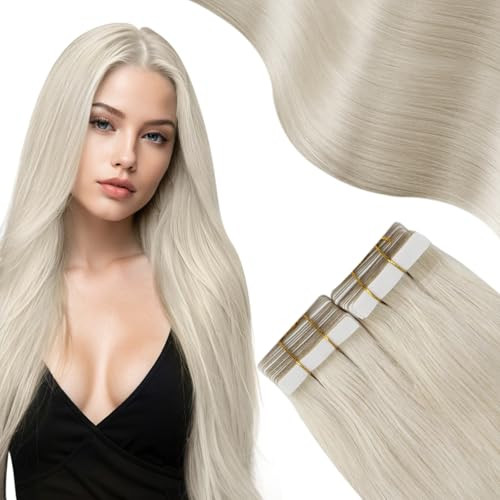 Moresoo Blonde Tape in Hair Extensions Human Hair 14 inch Platinum Blonde Extensions Tape ins Remy Straight Skin Weft Tape Extensions Short Straight