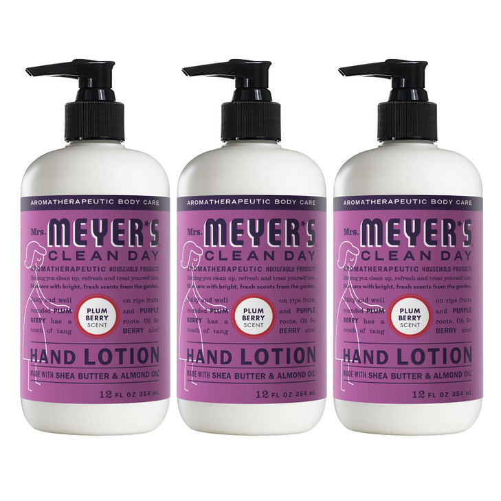 MRS. MEYER'S CLEAN DAY Hand Lotion for Dry Hands, Non-Greasy Moisturizer Made with Essential Oils, Plum Berry, 12 oz Bottles, Pack of 3