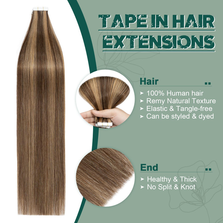 Benehair Remy Tape in Hair Extensions Human Hair Medium Brown&Dark Blonde Seamless Skin Weft Tape in Real Human Hair Extensions Straight Hair 12 Inch