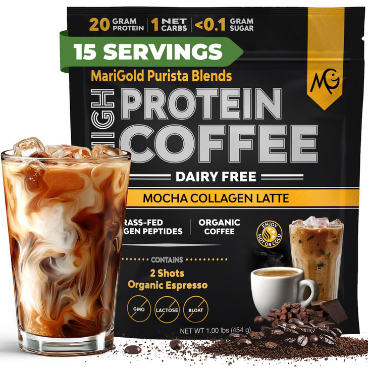 MariGold High Protein Collagen Coffee - Mocha Collagen Latte, Dairy Free, 20g Grass-Fed Type I & III Collagen Peptides, Energy Boost, 2 Shots Organic