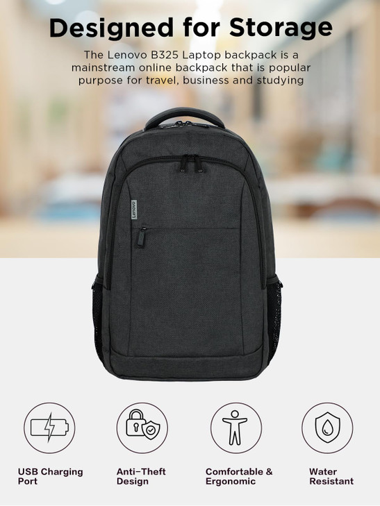 Lenovo B325 Laptop Backpack 35L  Anti-Theft, Water-Resistant, USB Charging Port, Fits 16-Inch Laptops, 2 Compartments, Luggage Strap, Travel Backpac