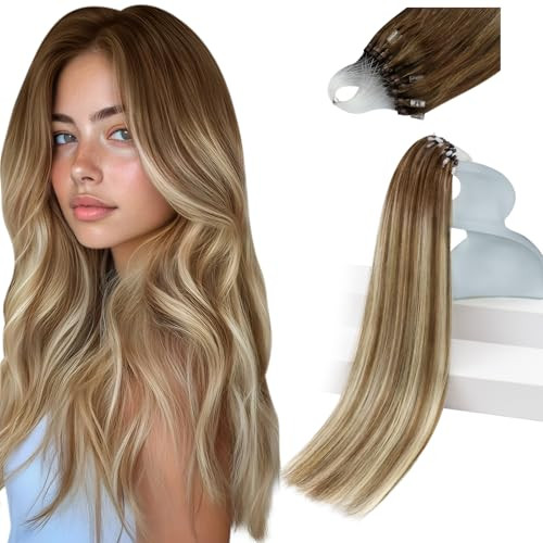 Sunny Hair Micro Bead Hair Extensions Real Human Hair Balayage Brown Microlink Soft Micro Ring Hair Extensions Human Hair Medium Brown with Blonde Be