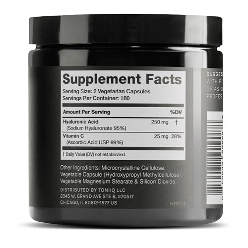 Toniiq Hyaluronic Acid Supplements  Lab Tested 95% Ultra High Purity  Fermented and Bioavailable with Vitamin C  Third Party Lab Tested  360 Caps