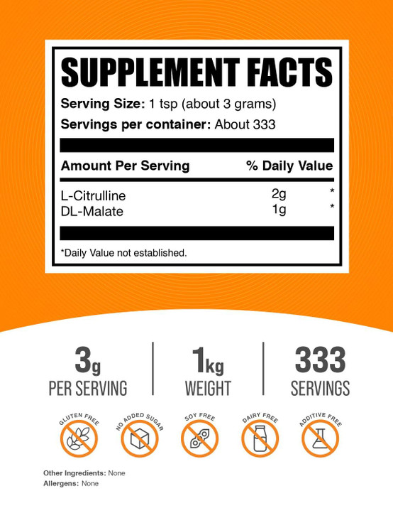 BulkSupplements.com L-Citrulline Malate 2:1 Powder - Nitric Oxide Boost, Citrulline Malate Supplement - Unflavored & Gluten Free - 3g per Servings, 1