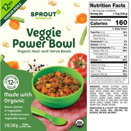 Sprout Organic Baby Food, Toddler Meals, Mediterranean Veggie Power Bowl with Beans & Quinoa, 5 Oz Bowl (8 Count)