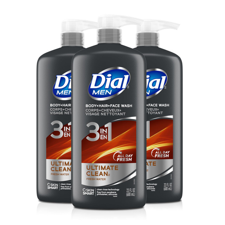 Dial Men 3 in 1 Body, Hair and Face Wash, Refresh, 16 Fl Oz, Pack of 3, Cleanses Deep + Gentle on Skin with Clean Rinse Technology