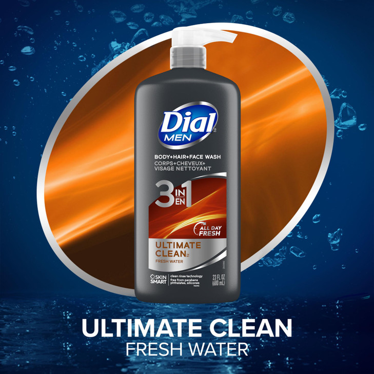 Dial Men 3 in 1 Body, Hair and Face Wash, Refresh, 16 Fl Oz, Pack of 3, Cleanses Deep + Gentle on Skin with Clean Rinse Technology
