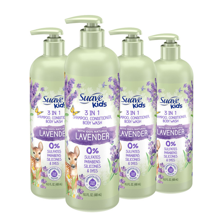 Suave Kids Natural Lavender Oil 3-in-1 Tear Free, Body Wash, Shampoo and Conditioners, No Sulfates, No Parabens, No Silicones, No Dyes, 16.5 Oz Pack