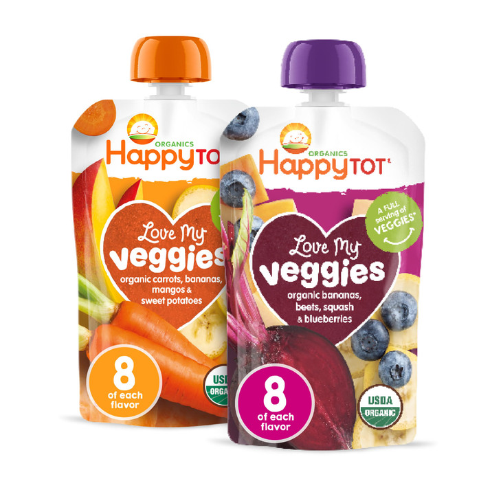 HAPPYTOT Organics Stage 4 Baby Food Pouches, Gluten Free, Vegan Snack, Love My Veggies, Fruit & Veggie Puree, Variety Pack, 4.22 Ounce (Pack of 16),