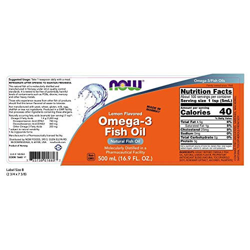 NOW Supplements, Omega-3 Fish Oil Liquid, Molecularly Distilled, Lemon Flavored, 16.9-Ounce