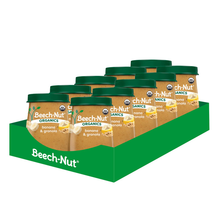 Beech-Nut Organic Baby Food Jars, Organic Banana & Granola Puree, Stage 2 Baby Food for Babies 6 Months and Up, Non-GMO, 4oz Glass Jars, 10ct