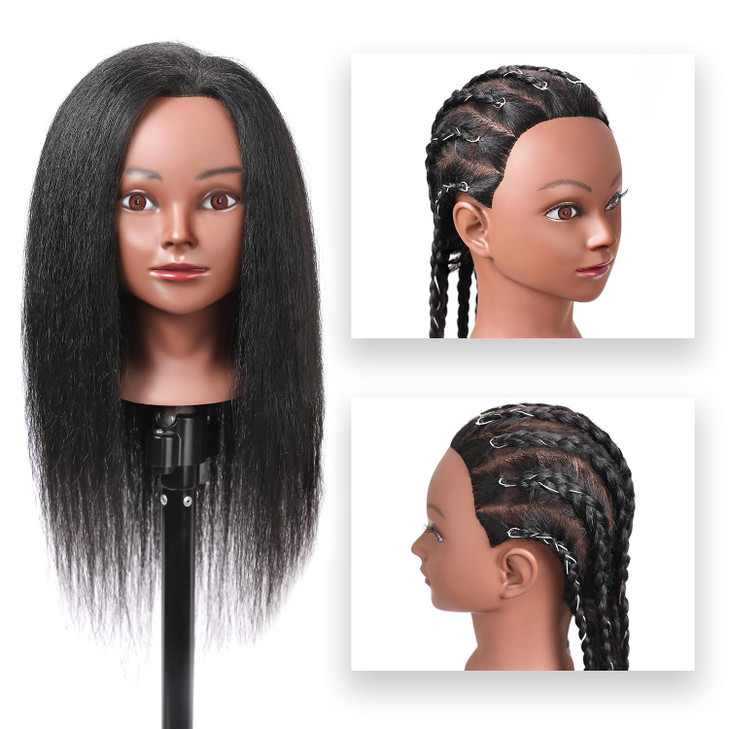 SOPHIRE 100% Real Hair Mannequin Head Training Head with stand, 18" Hairdresser Cosmetology Mannequin Manikin Training Practice Head Doll for Female