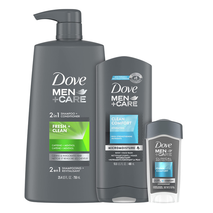 DOVE MEN + CARE Hair + Skin Care Regimen Personal Care for Men Clean Comfort + Fresh & Clean Body Wash, 2-in-1 Shampoo and Conditioner, and Antipersp