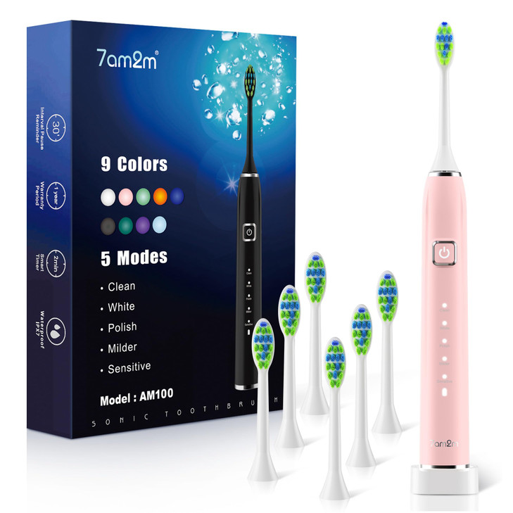 7AM2M Sonic Electric Toothbrush with 6 Brush Heads for Adults and Kids, One Charge for 90 Days, Wireless Fast Charge, 5 Modes with 2 Minutes Built in