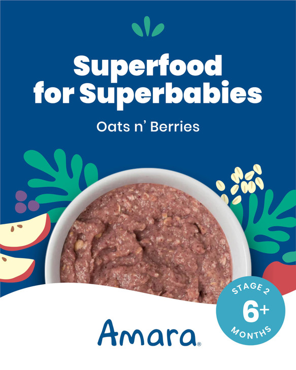 Amara Organic Baby Food | Oats and Berries | Baby Cereal to Mix With Breastmilk, Water, or Baby Formula | Baby Food Pouches, Made from Organic Fruit