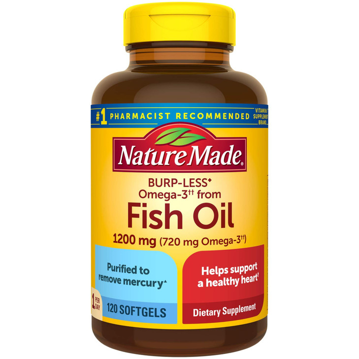 Nature Made Burp-Less Fish Oil 1200 mg One Per Day, 120 Softgels, Fish Oil Omega 3 Supplement For Heart Health