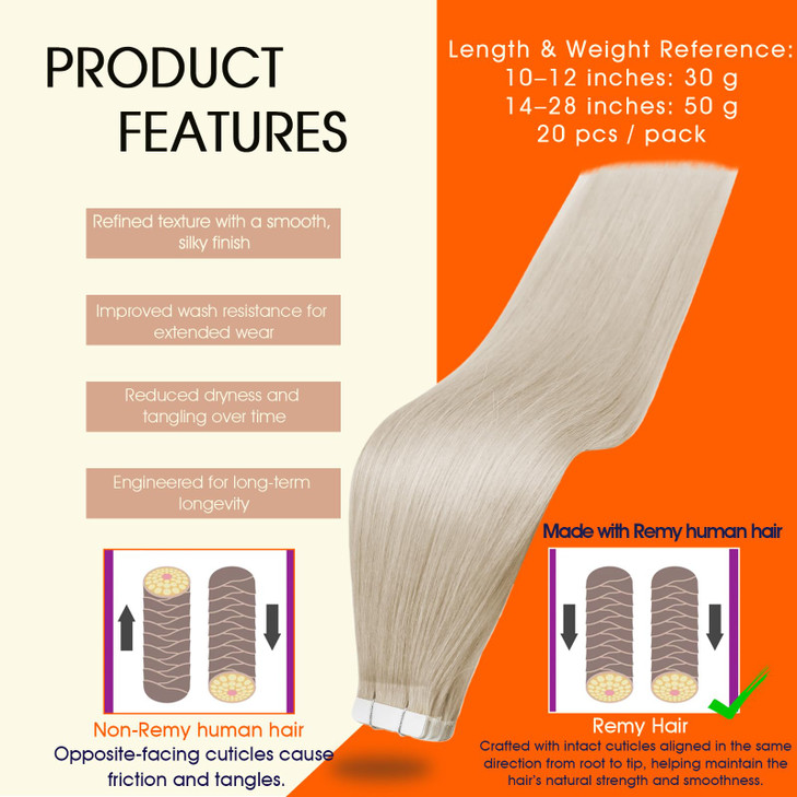 Full Shine Tape in Hair Extensions Human Hair 60 Platinum Blonde Tape Hair Extensions Real Human Hair 18Inch Seamless Skin Weft Human Hair Extension