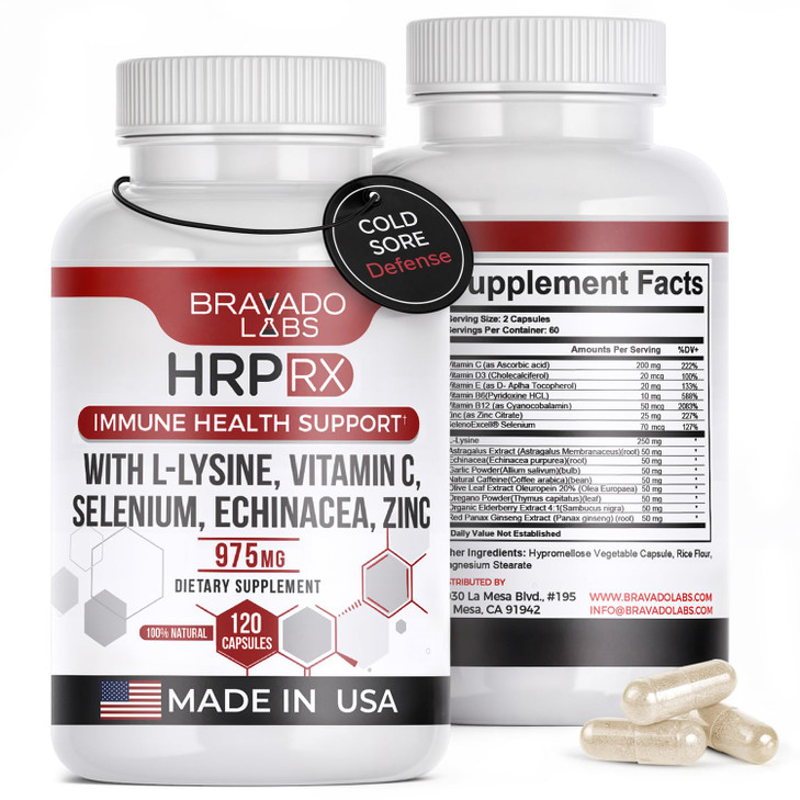 Bravado Labs L-Lysine 250mg Capsules  Immune & Cold Sore Support  Vegan, Non-GMO, Allergen-Free, 3rd-Party Tested, Lisina 1000 mg Organica - Made i