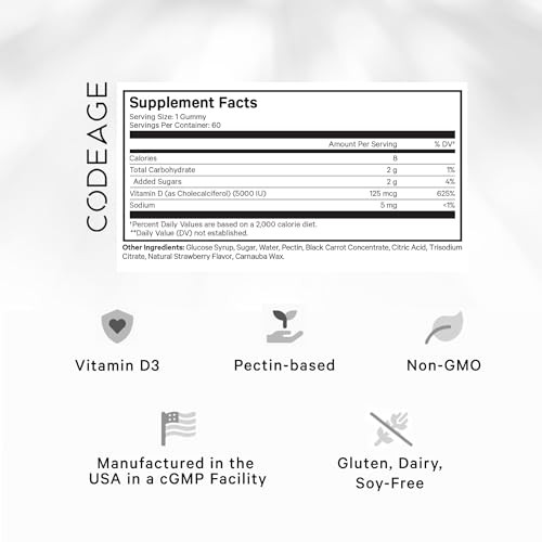 Codeage Vitamin D3 Gummy Vitamins, Vitamin D3 5000 IU Gummies Cholecalciferol 125 mcg, Soft Pectin-Based, Animal Gelatin-Free Gummy, Gummies Vitamins