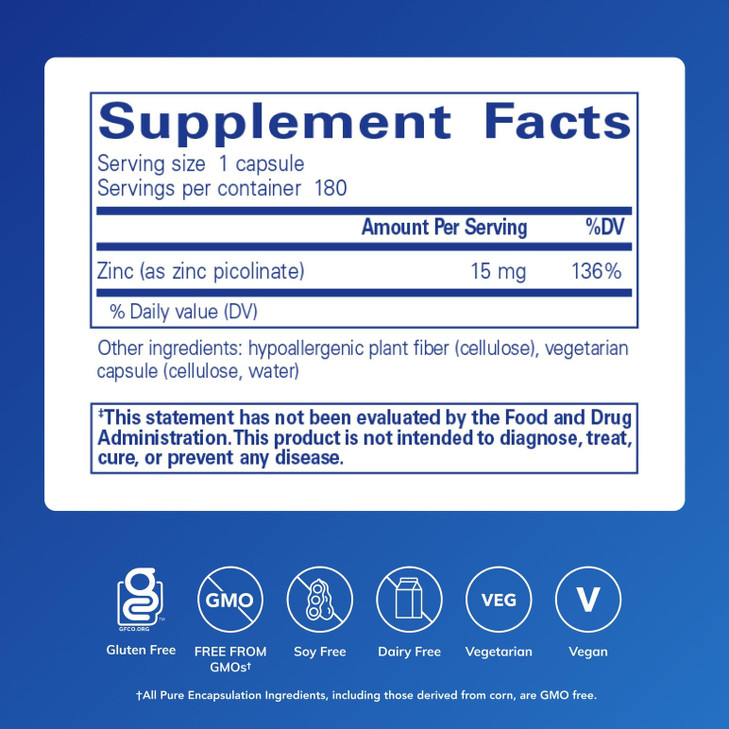 Pure Encapsulations Zinc 15 mg - Zinc Picolinate Supplement for Immune System Support, Growth & Development - for Wound Healing - 180 Capsules