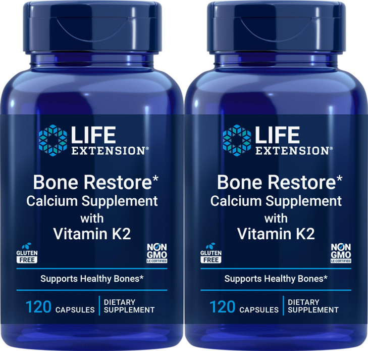 Life Extension Bone Restore Calcium Supplement with Vitamin K2, 120 Capsules (Pack of 2)
