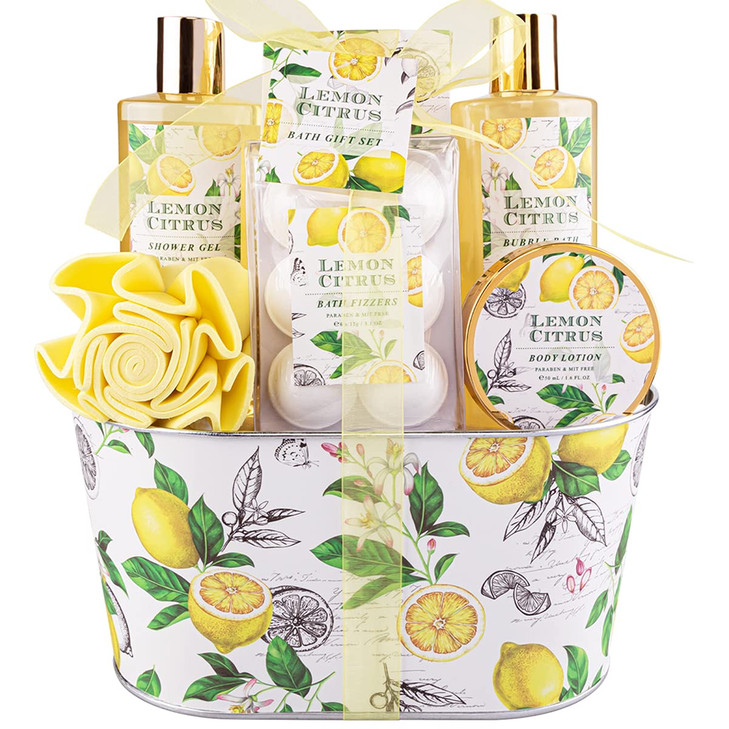 Bath Gift Set, Lemon Citrus Spa Gift Basket for Women, Includes Shower Gel, Bubble Bath, Body Lotion, Bath Frizzes 8 Pcs, Great Gift Idea for Her Bir