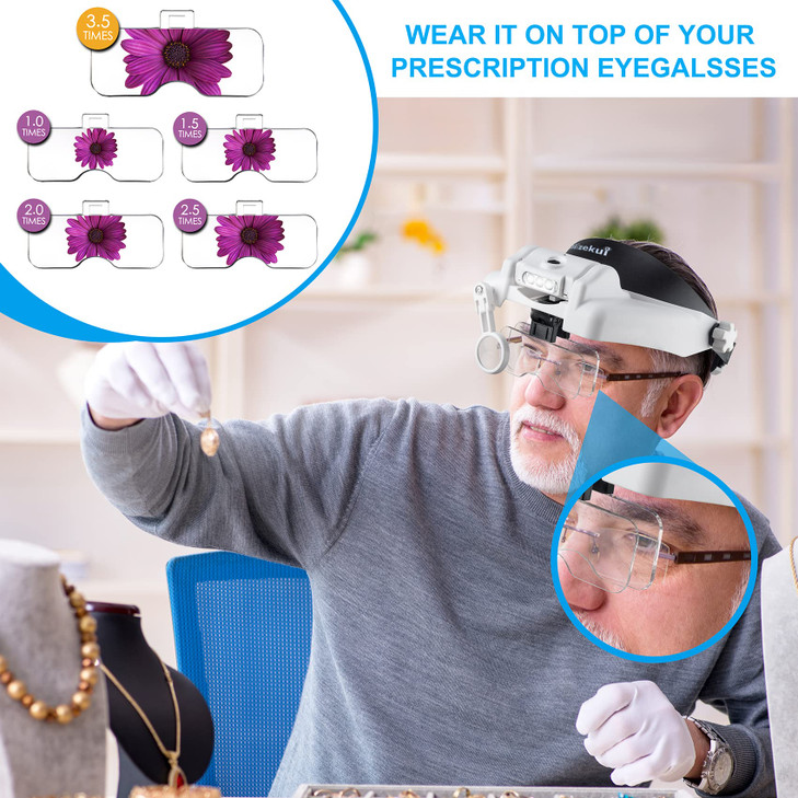 Dilzekui Headband Magnifying Glass with Light, Rechargeable Head Magnifying Glasses 1X to 14X, Magnifier Headset with 6 Detachable Lens, Hands Free H
