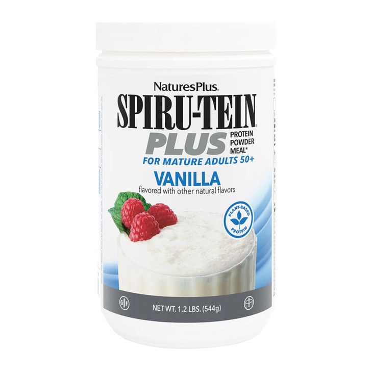 NaturesPlus SPIRU-TEIN Plus, Vanilla - 1.20 lb - Plant-Based Protein Powder with D3, Biotin for Adults 50+ - Vitamins & Minerals for Energy & Well-Be