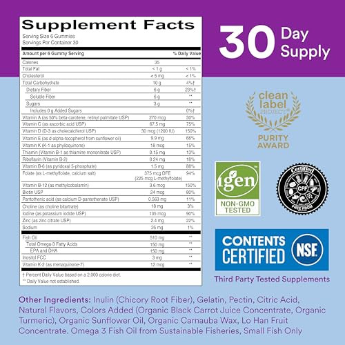 SmartyPants Fiber Supplement & Multivitamin for Men & Women: Multivitamin Fiber Gummies with Vitamin D3, C, Vitamin B12, B6, A, K & Zinc, Omega 3 Fis