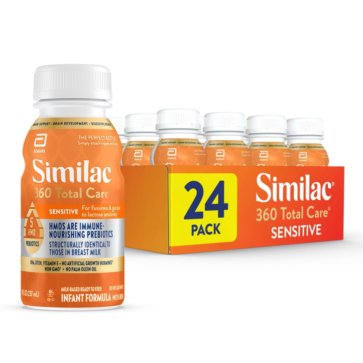 Similac 360 Total Care Sensitive Infant Formula for Fussiness & Gas Due to Lactose Sensitivity, Has 5 HMO Prebiotics, Liquid Baby Formula, Ready to F