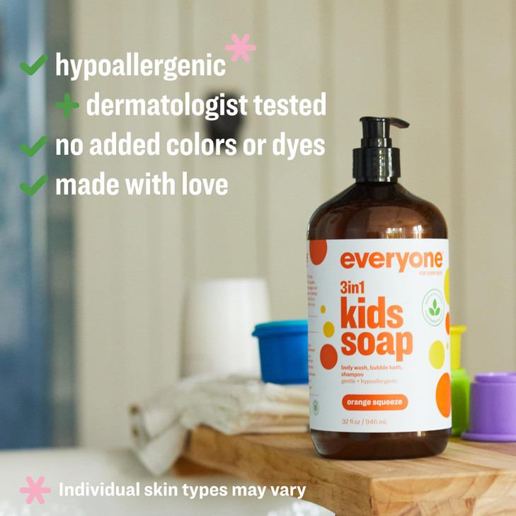Everyone 3-in-1 Kids Soap, Body Wash, Bubble Bath, Shampoo, 32 Ounce (Pack of 2), Orange Squeeze, Coconut Cleanser with Organic Plant Extracts and Pu