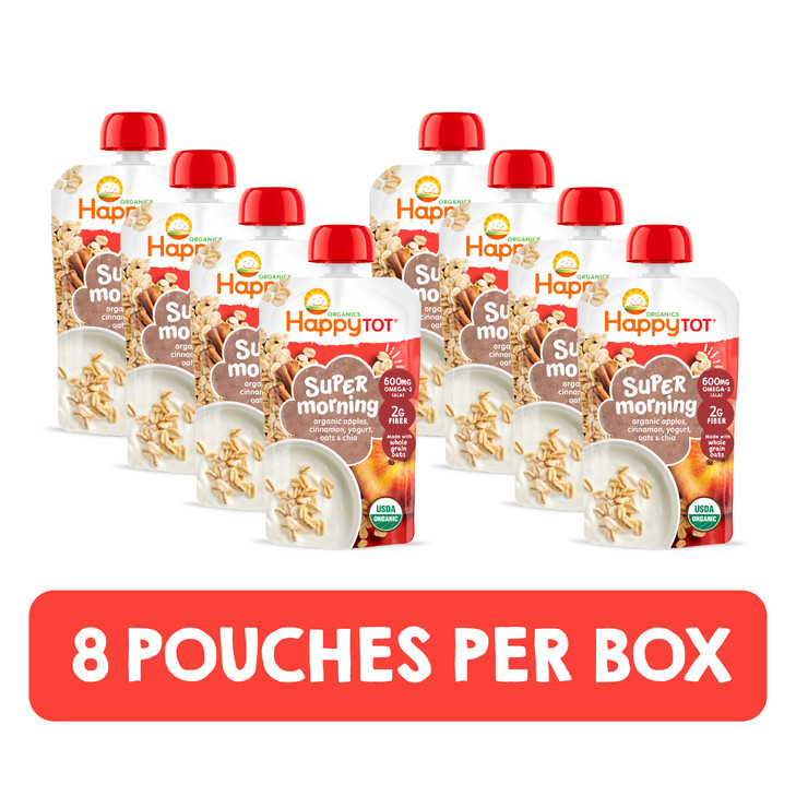 HAPPYTOT Organics Stage 4 Baby Food Pouches, Gluten Free, Super Morning Fruit & Oat Blend, Apple, Cinnamon, Yogurt, Oats & Chia, 4 Oz (Pack of 8)