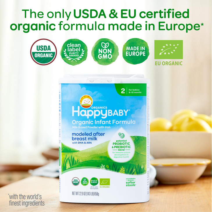 Happy Baby Organics Stage 2 Infant Formula, 6 12 Months, Milk Based Organic Baby Formula Powder with Iron, Probiotics & Prebiotics for Immune & Diges