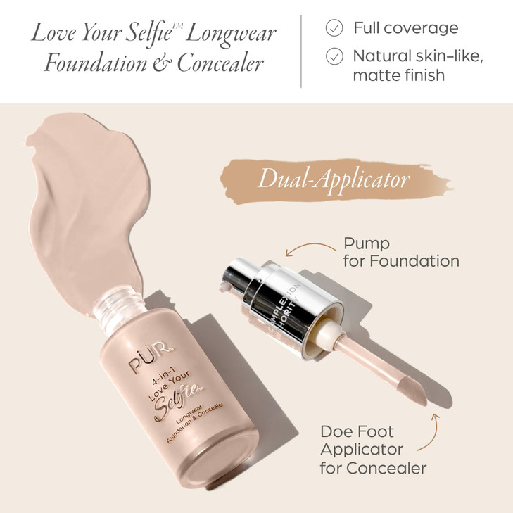 PÜR MINERALS 4-in-1 Love Your Selfie Longwear Foundation & Concealer, Full Coverage Liquid Foundation, Hydrating Formula, Cruelty Free